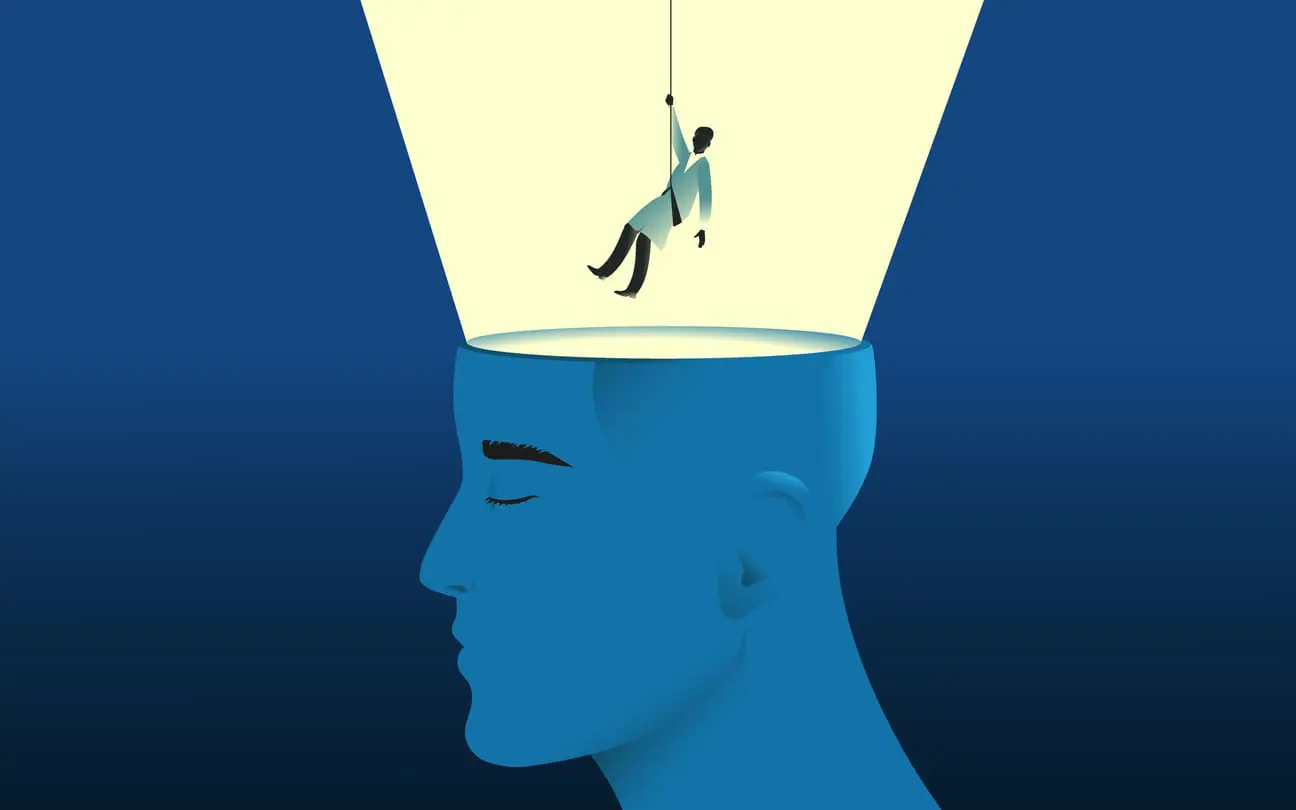 Doctor descends into human head vector ullustration.